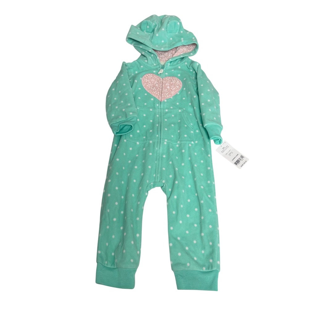 Carters Baby Girl 12M Mint Green Polka Dot Fleece Hooded Jumpsuit Heart